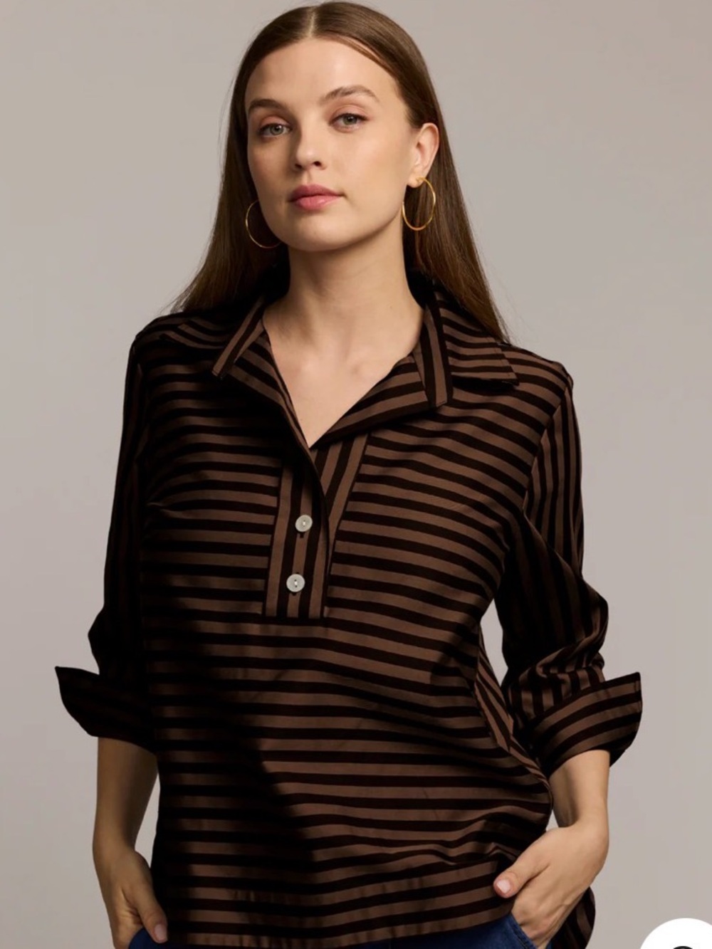 Hinson Wu Aileen Striped Half-Sleeve Tunic Top in camel Brown and Black large - Picture 5 of 5